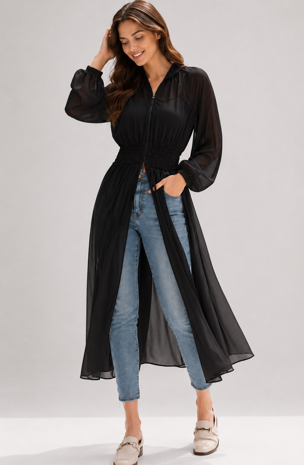 Aurelia Sun Sheer Longline Jacket – Black, One Size