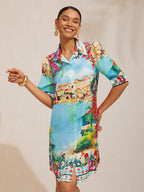 Santorini Scenic Satin Midi Shirt Dress in Sunset Brown by Aurelia Sun