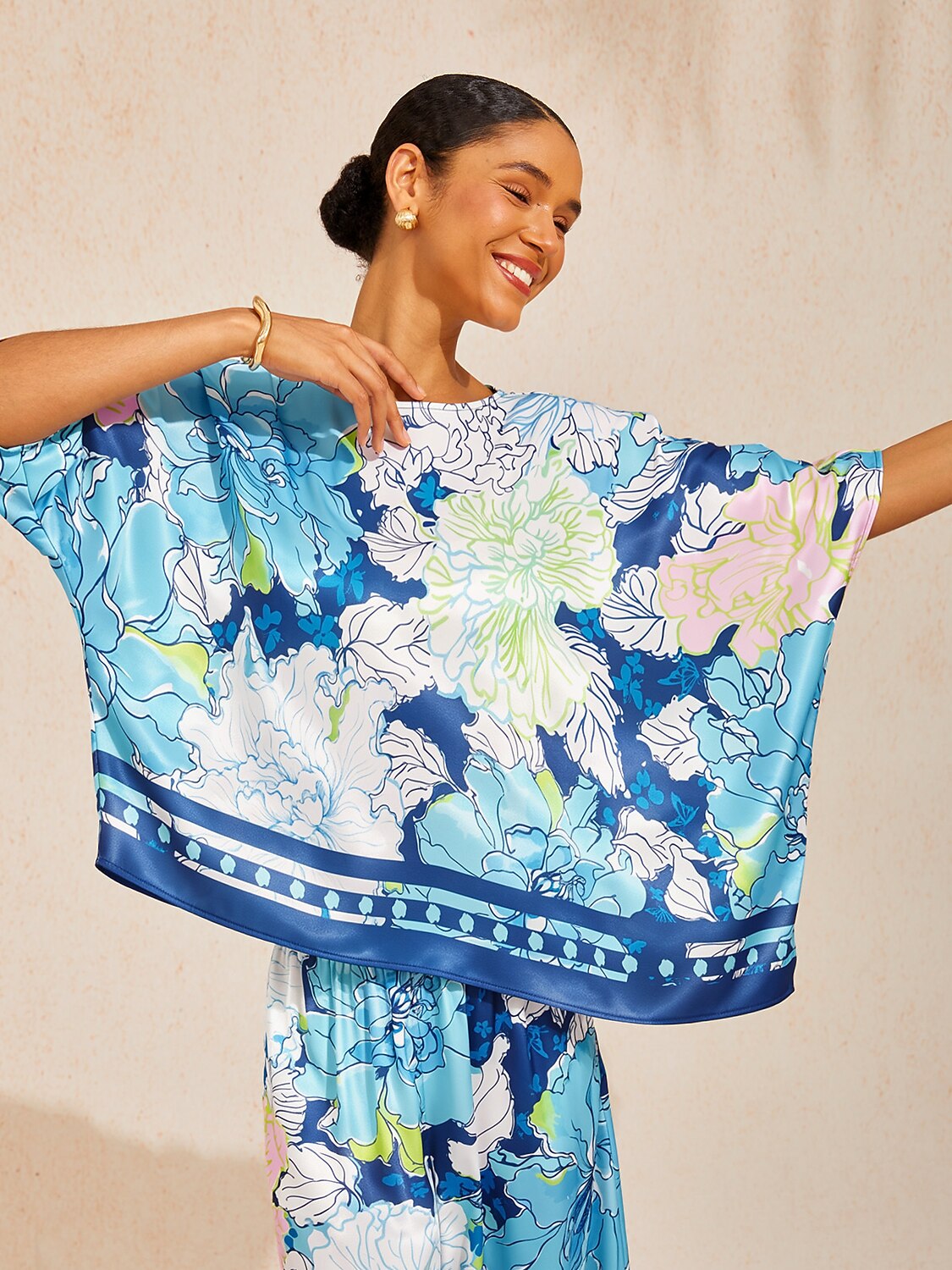 Hibiscus Satin Batwing Top in Sky Blue by Aurelia Sun