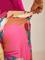 Hawaii Palm Satin Wrap Wide-Leg Pants in Black Pink by Aurelia Sun