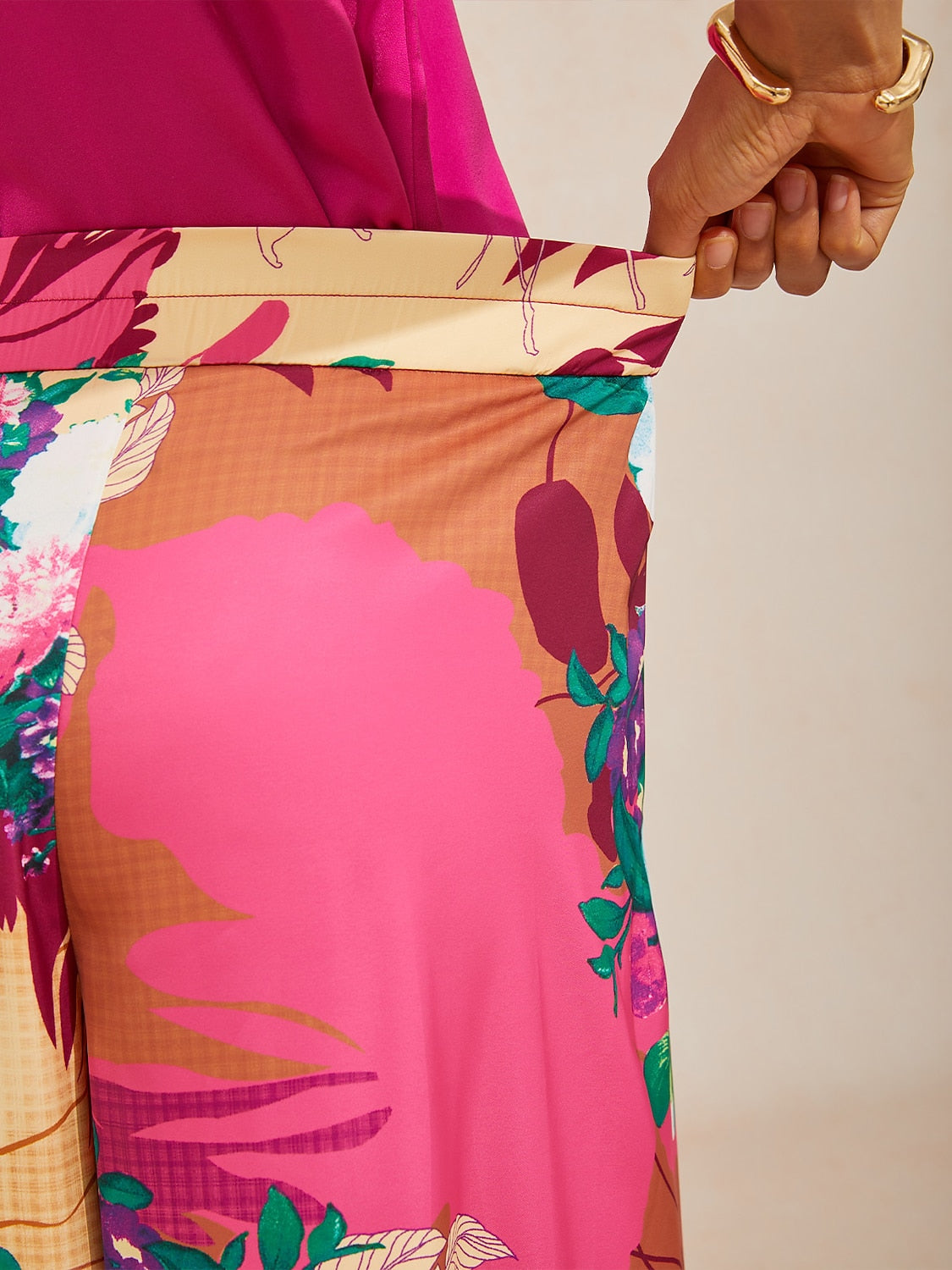 Hawaii Palm Satin Wrap Wide-Leg Pants in Black Pink by Aurelia Sun