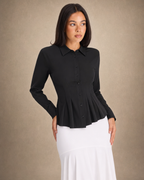 Pleated Peplum Button-Up Top
