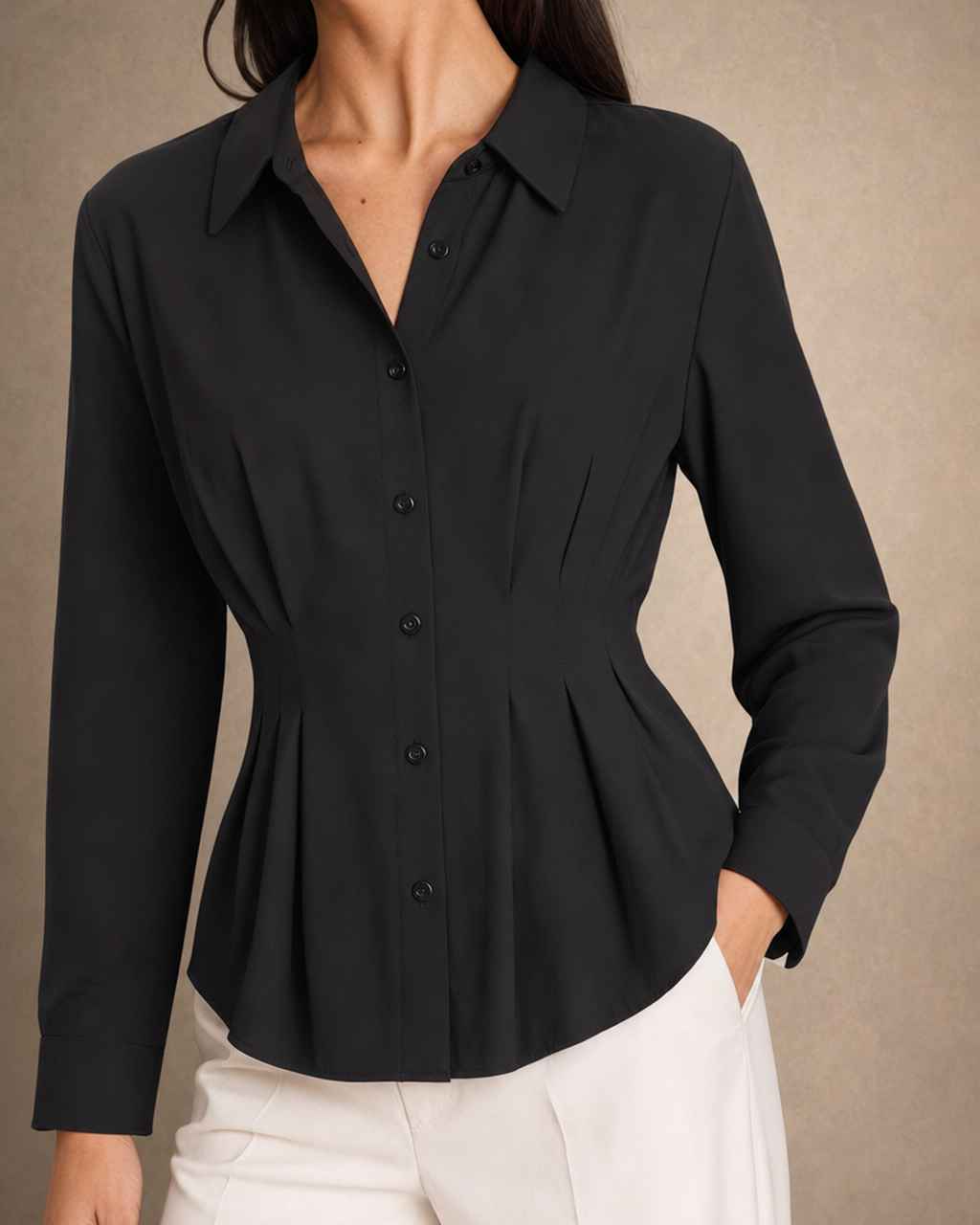 Pleated Peplum Button-Up Top