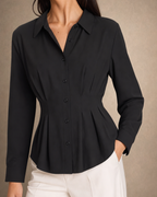 Pleated Peplum Button-Up Top