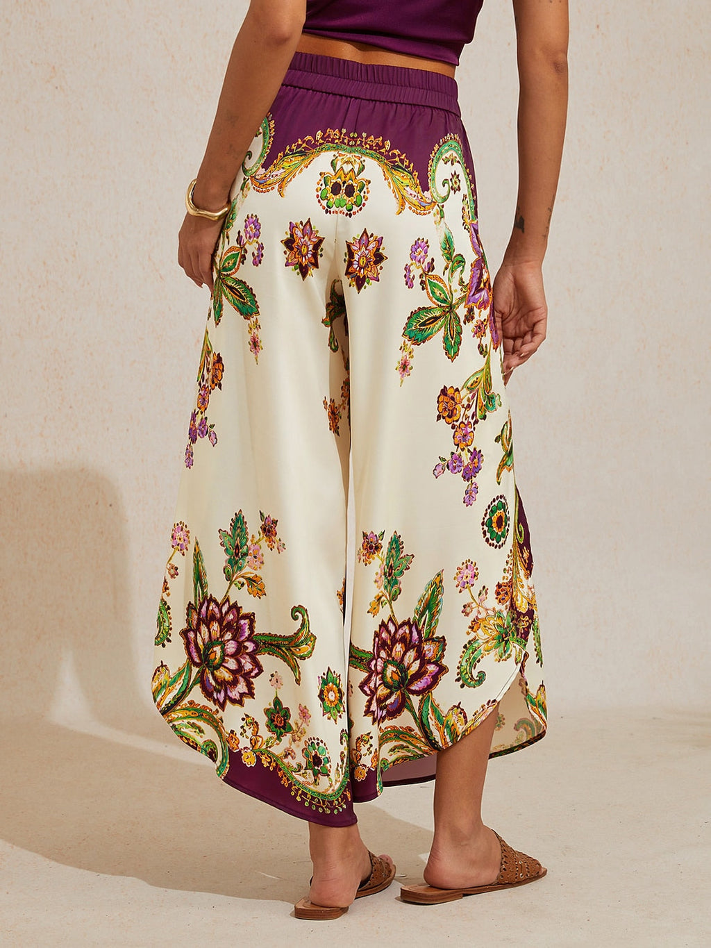 Hawaii Palm Satin Wrap Wide-Leg Pants by Aurelia Sun