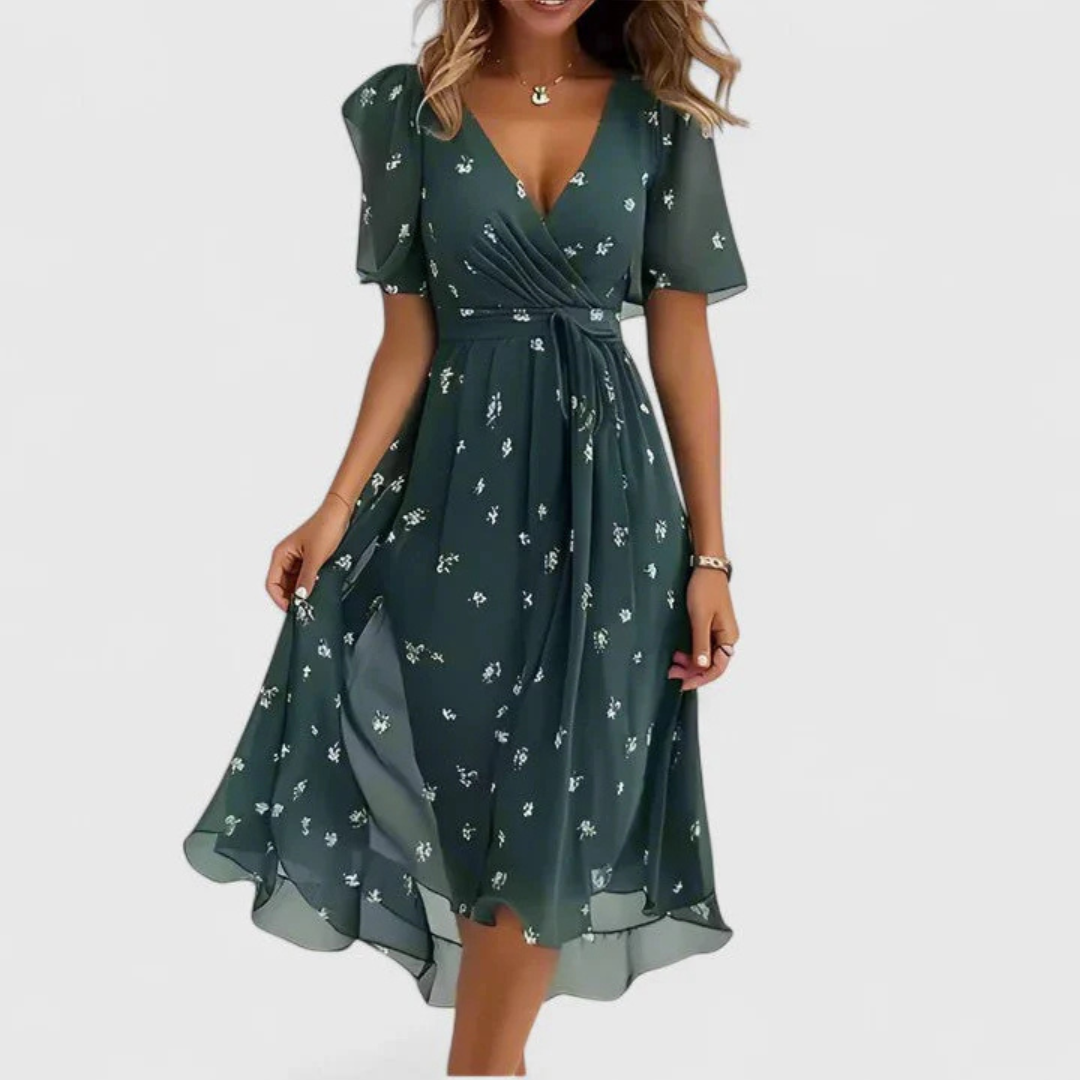 Flora Floral Handkerchief Chiffon Midi Dress in Green by Aurelia Sun