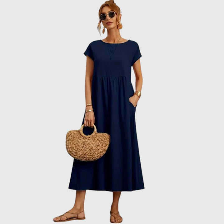 Sabine Tiered Pocket Midi Dress in Navy by Aurelia Sun