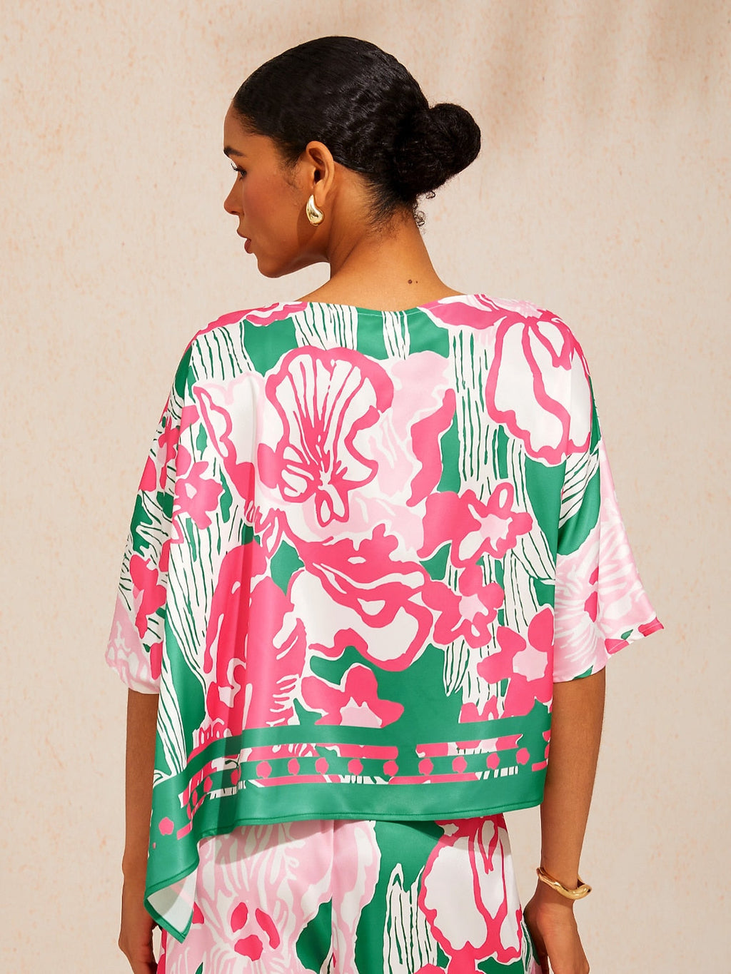 Golden Petal Satin Batwing Top in Hot Pink by Aurelia Sun