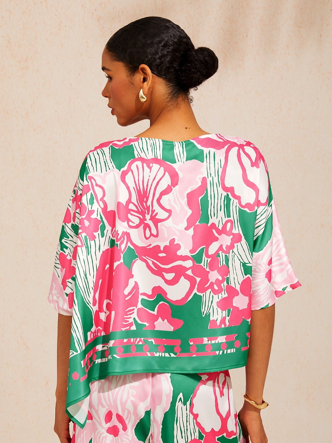 Golden Petal Satin Batwing Top in Hot Pink by Aurelia Sun