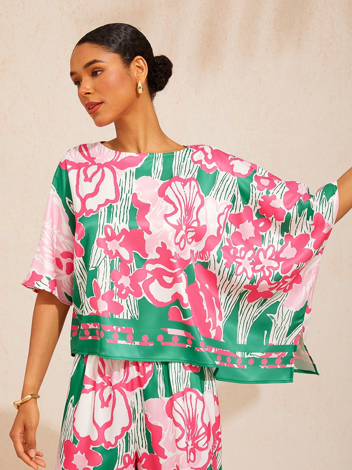 Bell Flower Satin Batwing Top in Hot Pink by Aurelia Sun