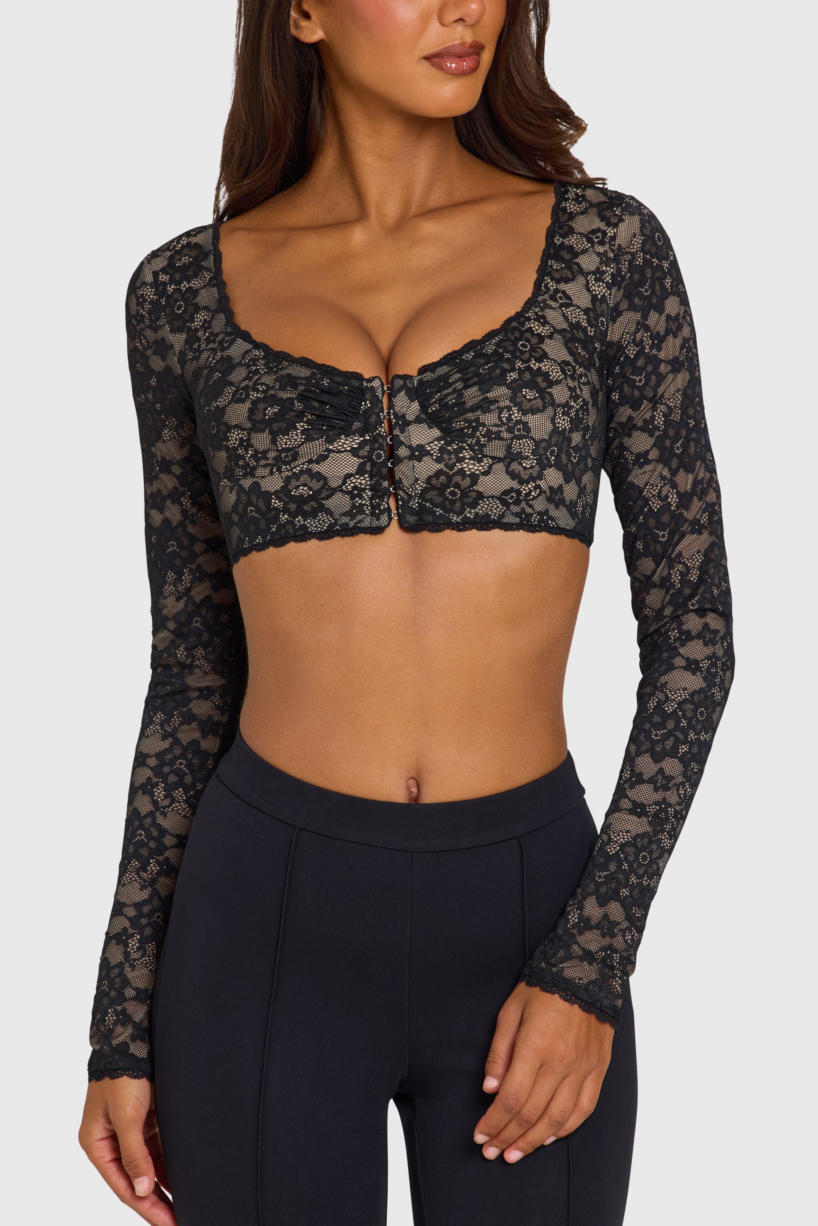 Black Lace Long-Sleeve Crop Top