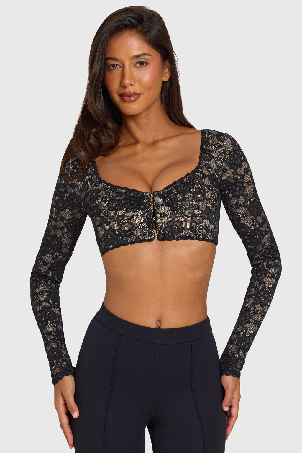 Black Lace Long-Sleeve Crop Top