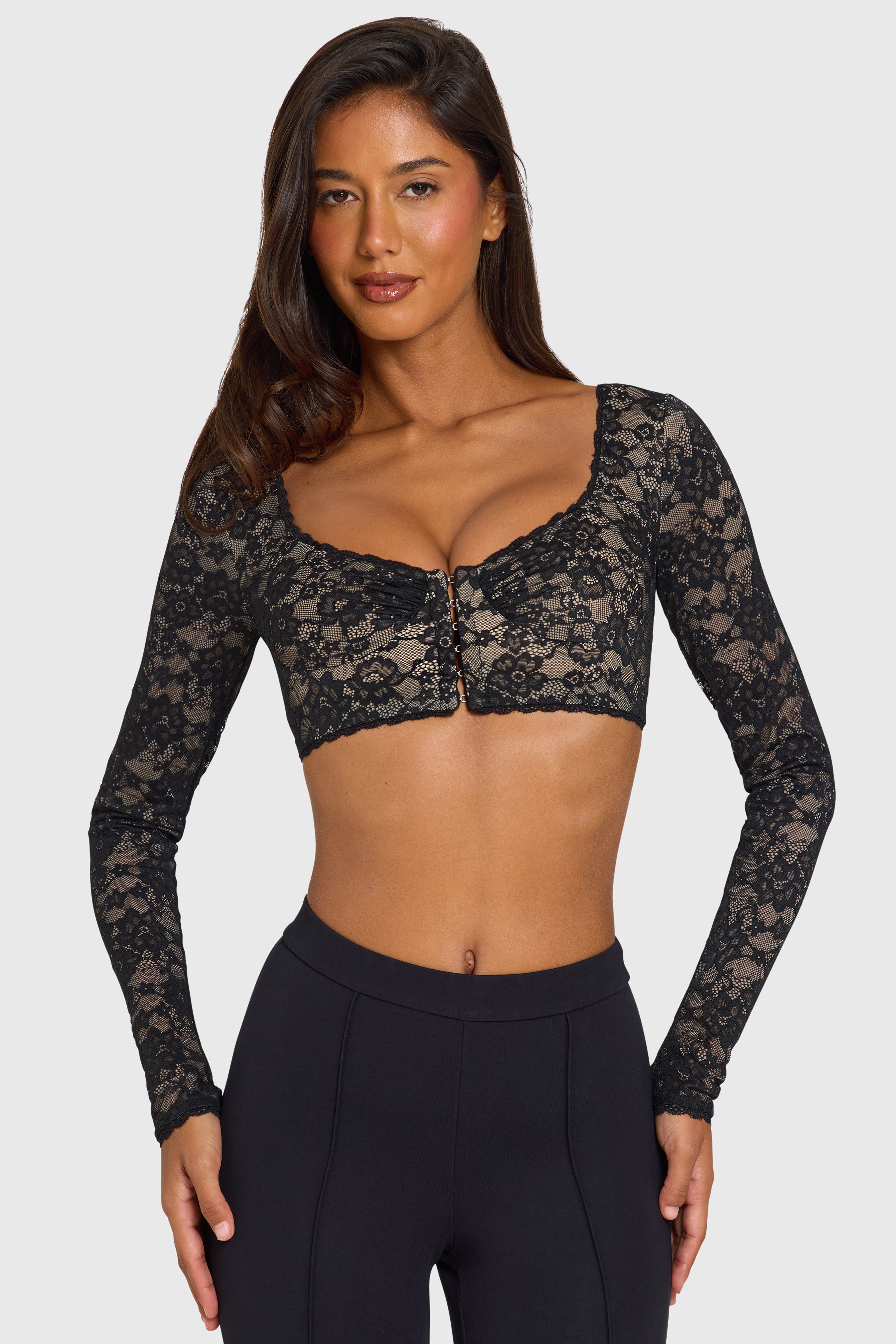 Black Lace Long-Sleeve Crop Top