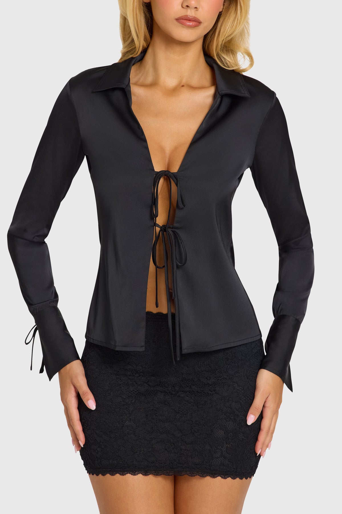Black Satin Tie-Front Long-Sleeve Shirt