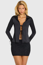 Black Satin Tie-Front Long-Sleeve Shirt
