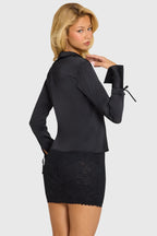 Black Satin Tie-Front Long-Sleeve Shirt