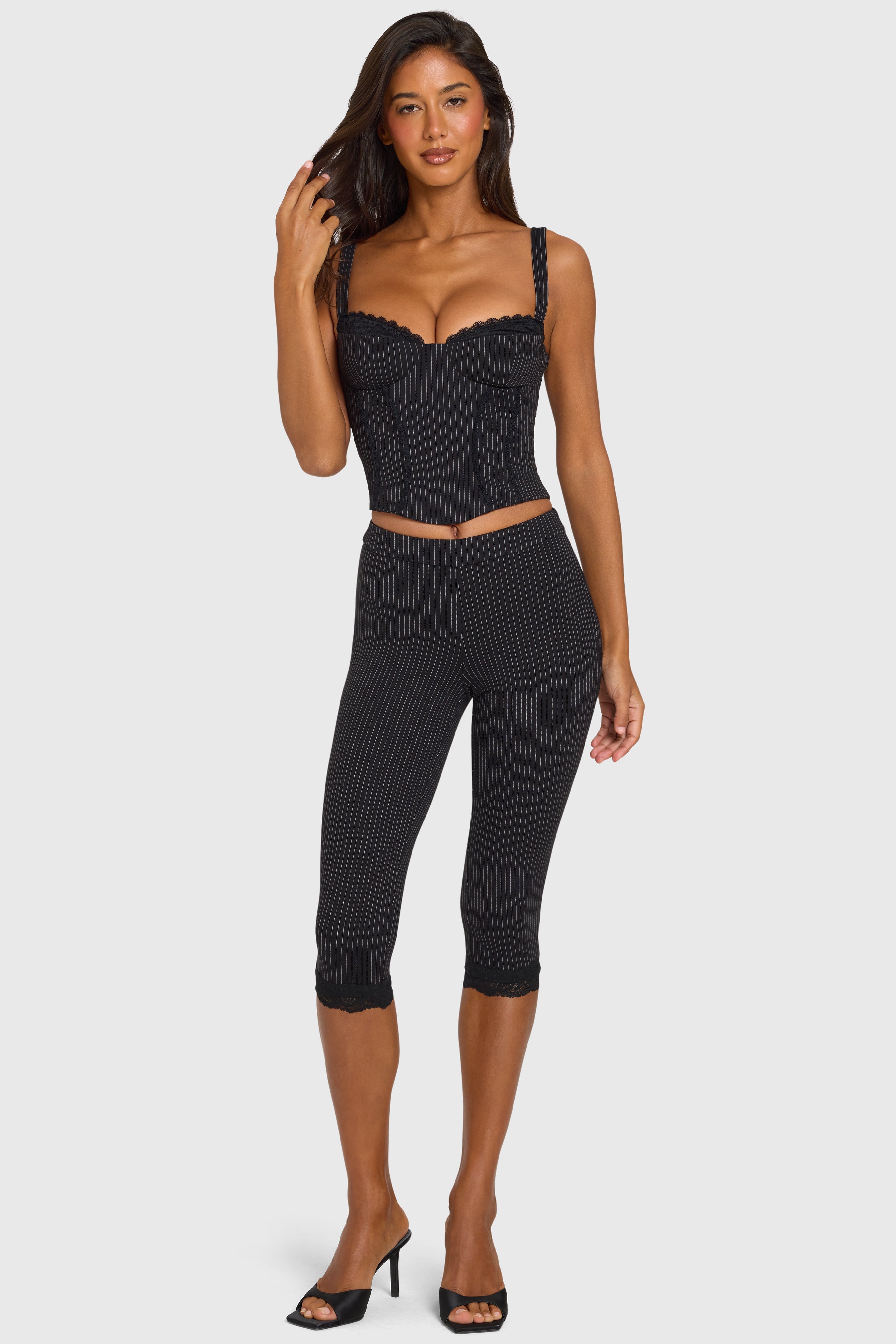 Black Pinstripe Ponte Capri Leggings