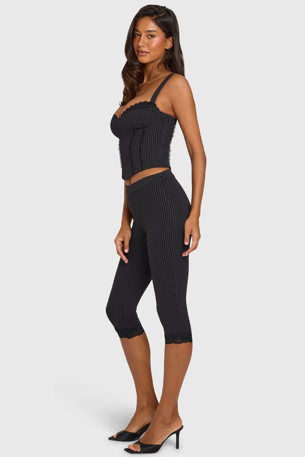 Black Pinstripe Ponte Capri Leggings