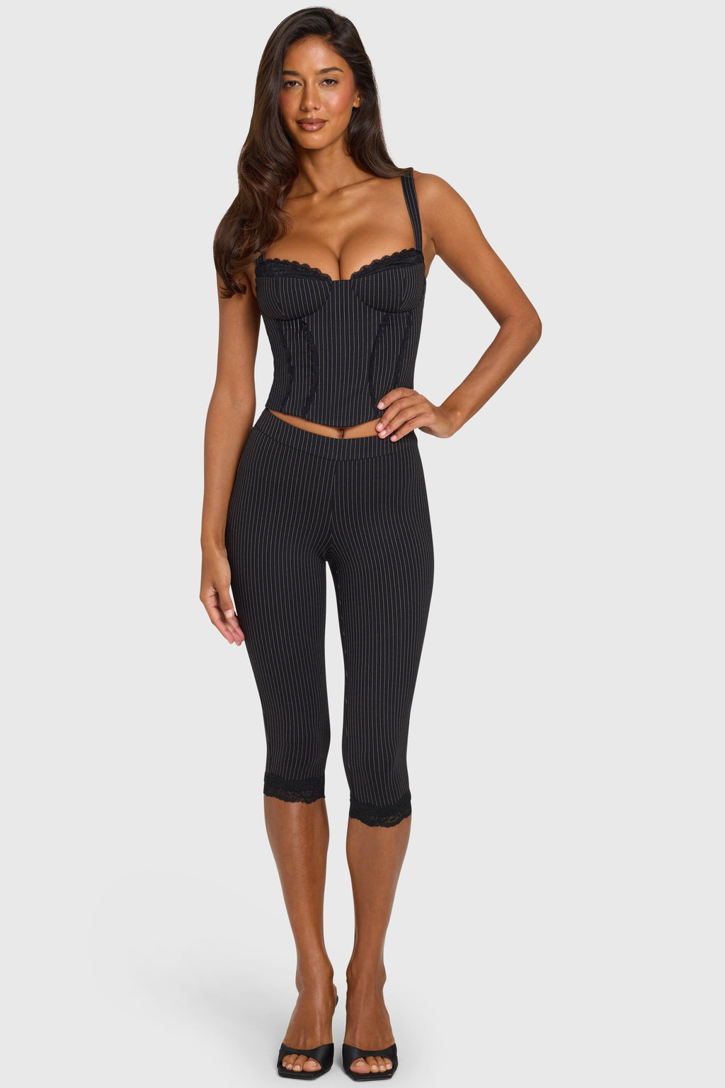 Black Pinstripe Ponte Capri Leggings