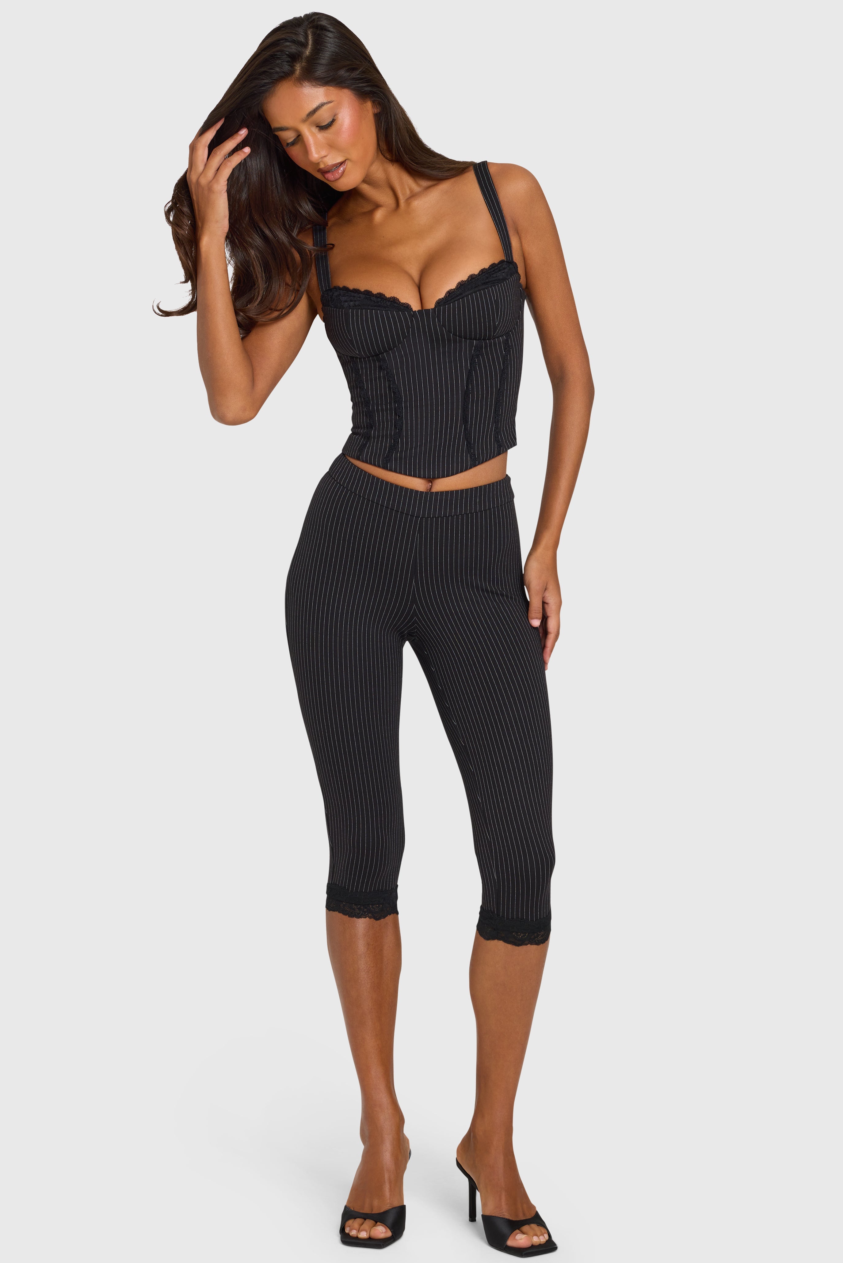 Black Pinstripe Ponte Capri Leggings
