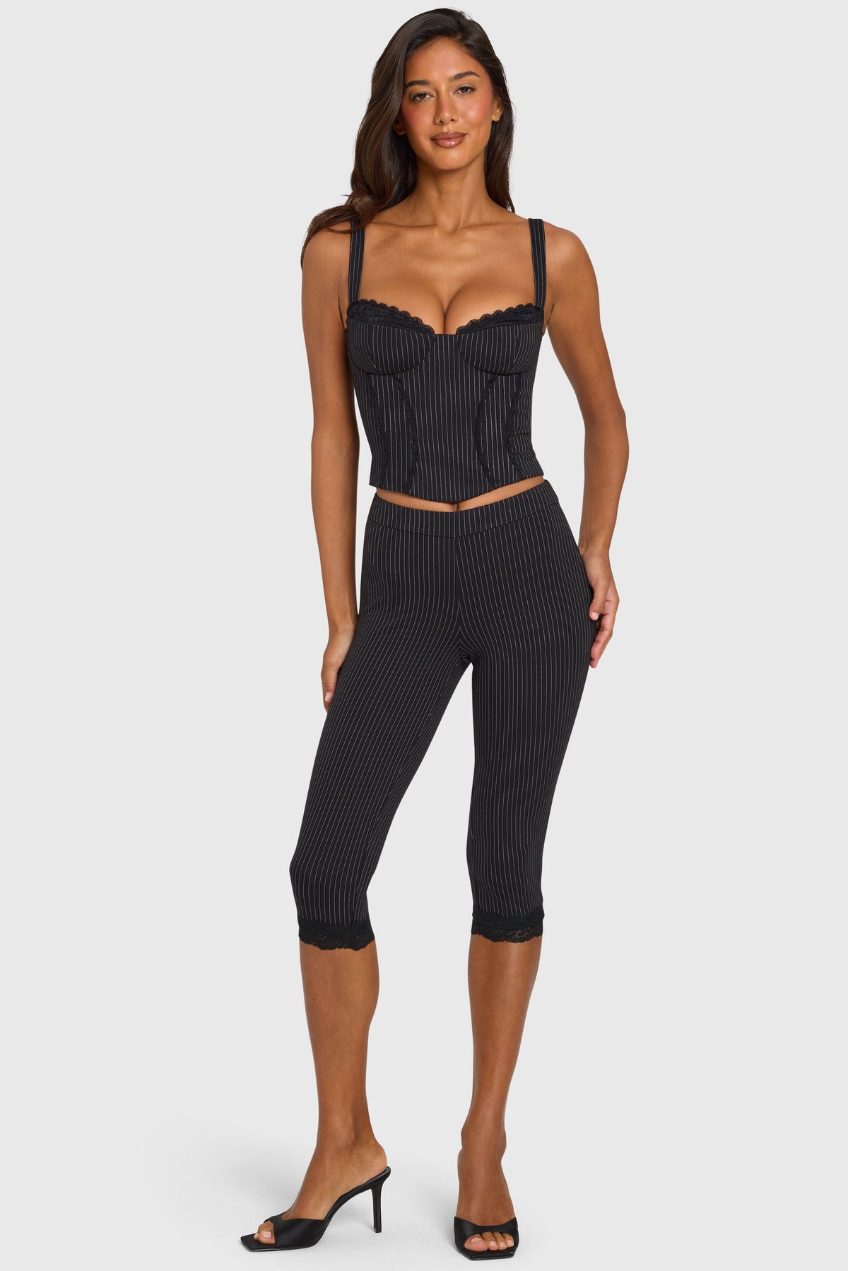 Black Pinstripe Ponte Capri Leggings