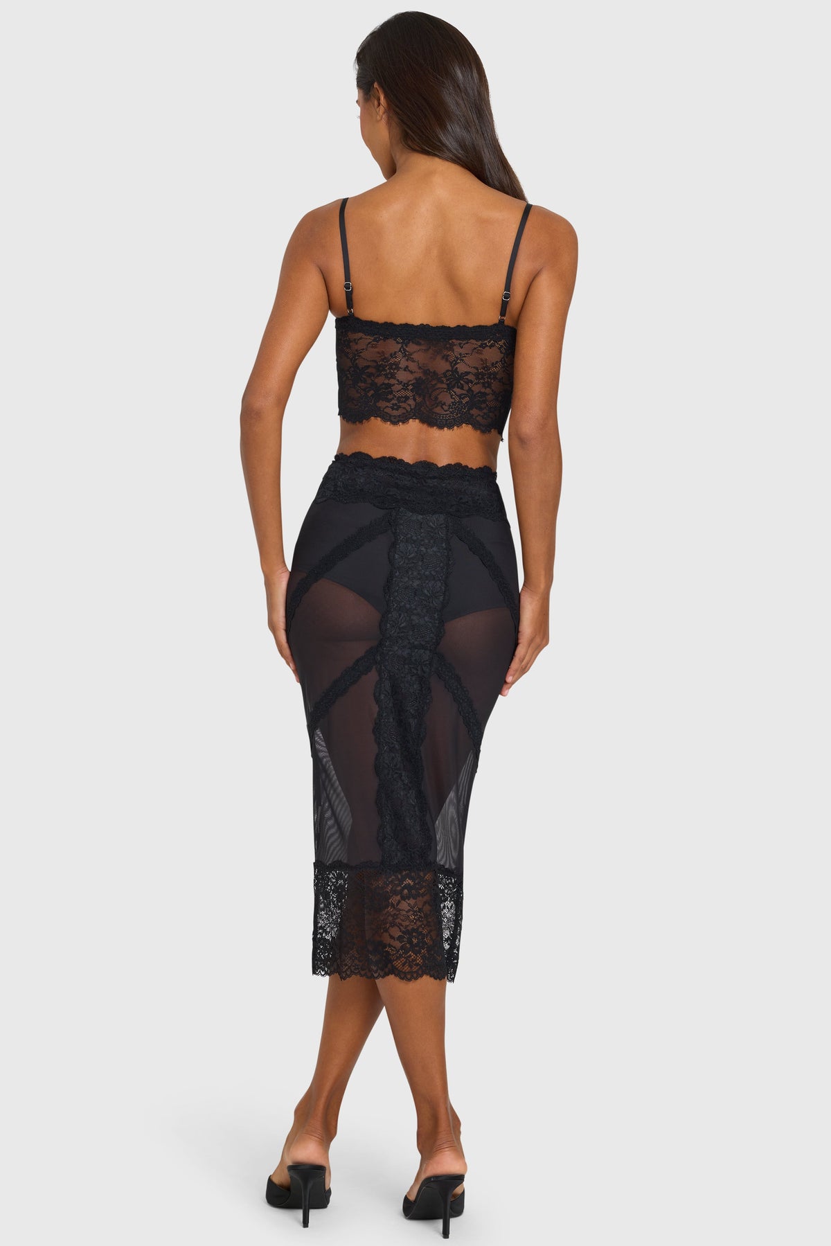 Black Lace-Trim Mid-Rise Midi Skirt
