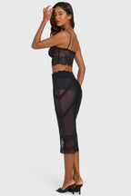 Black Lace-Trim Mid-Rise Midi Skirt