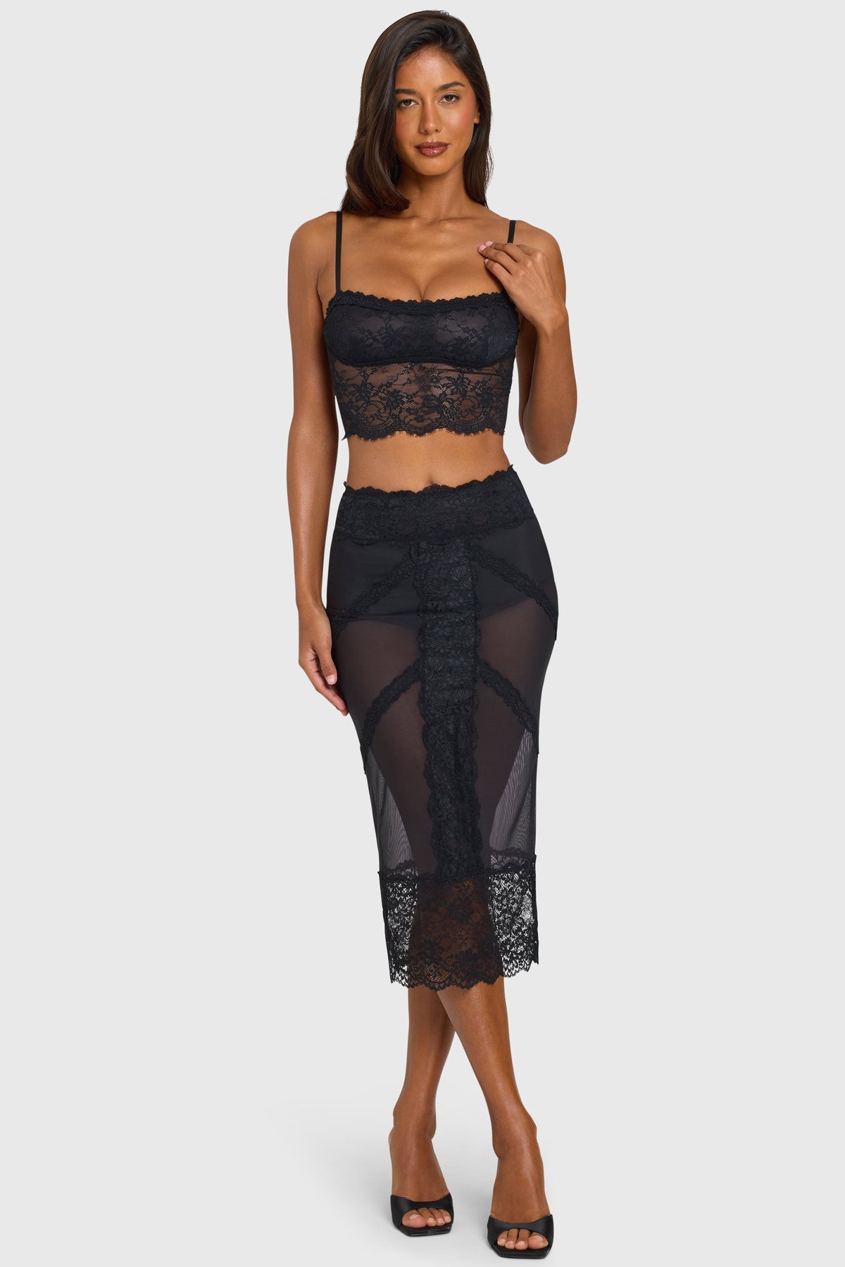 Black Lace-Trim Mid-Rise Midi Skirt