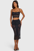 Black Lace-Trim Mid-Rise Midi Skirt