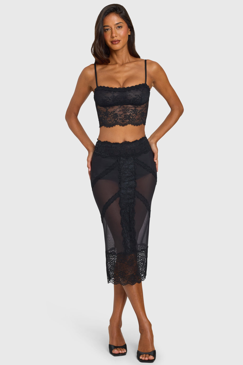 Black Lace-Trim Mid-Rise Midi Skirt
