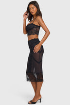 Black Lace-Trim Mid-Rise Midi Skirt
