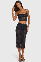 Black Lace-Trim Mid-Rise Midi Skirt