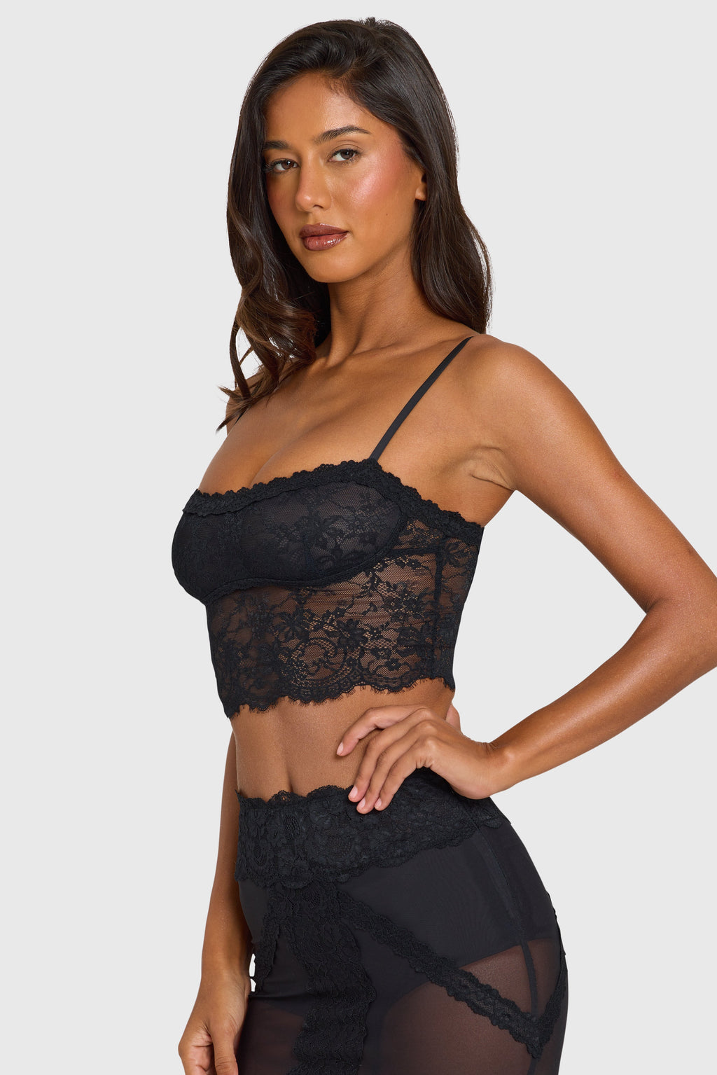 Black Sheer Lace-Trim Crop Top