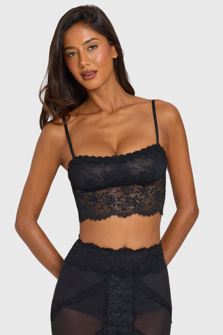 Black Sheer Lace-Trim Crop Top