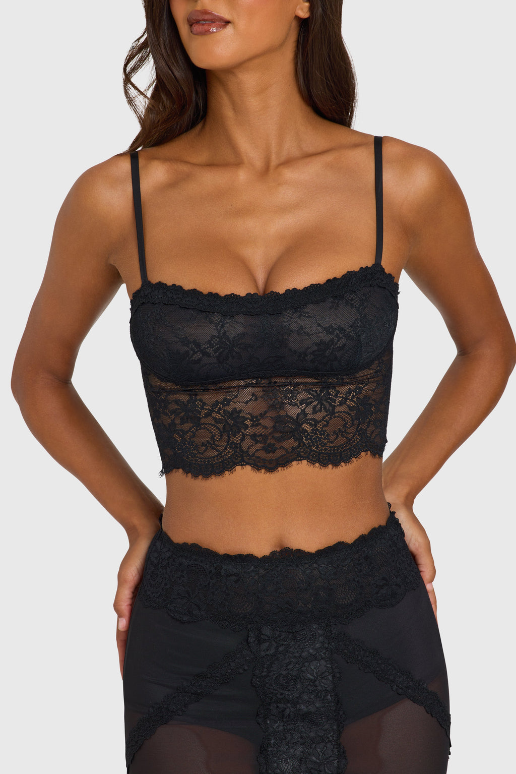 Black Sheer Lace-Trim Crop Top