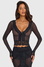 Black Lace-Trim Cropped Cardigan