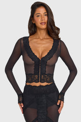 Black Lace-Trim Cropped Cardigan
