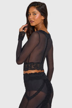 Black Lace-Trim Cropped Cardigan
