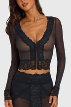 Black Lace-Trim Cropped Cardigan