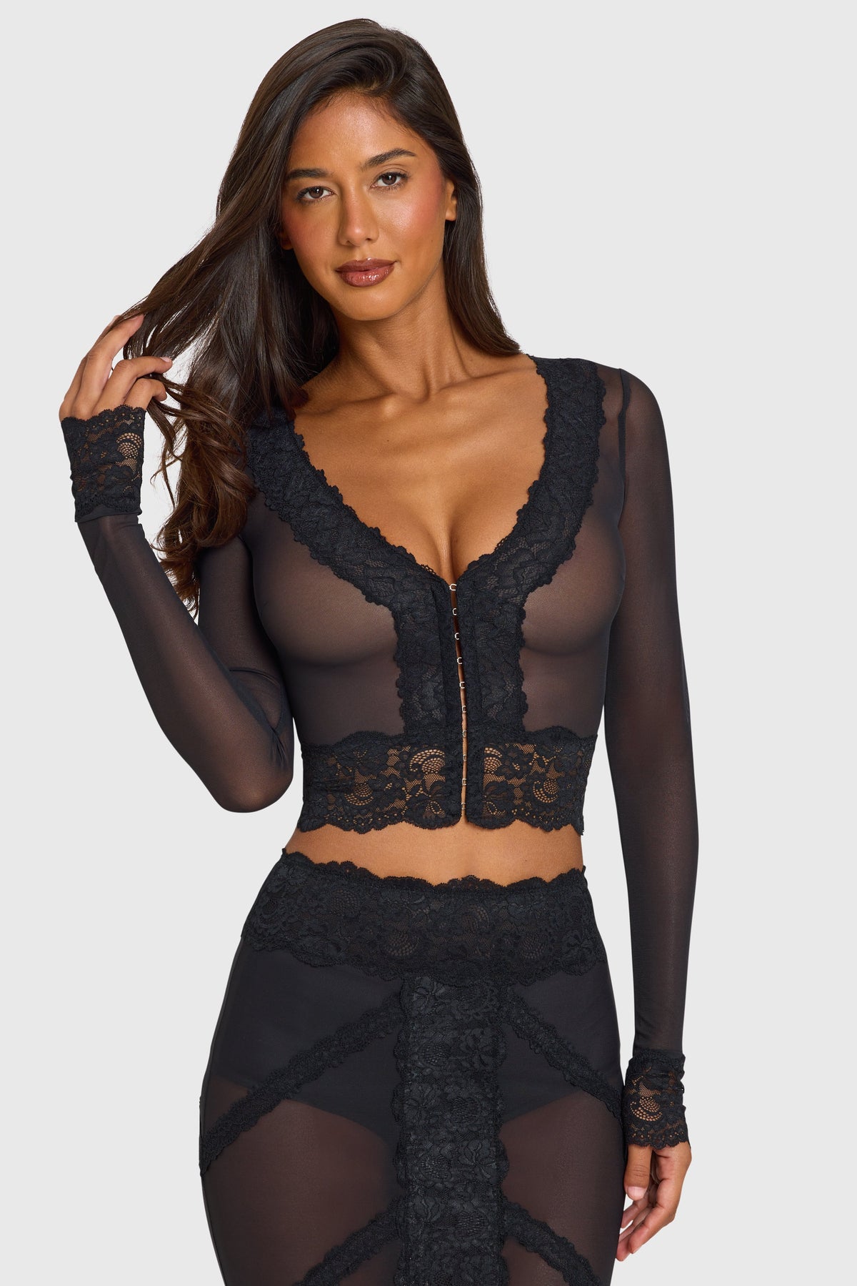 Black Lace-Trim Cropped Cardigan