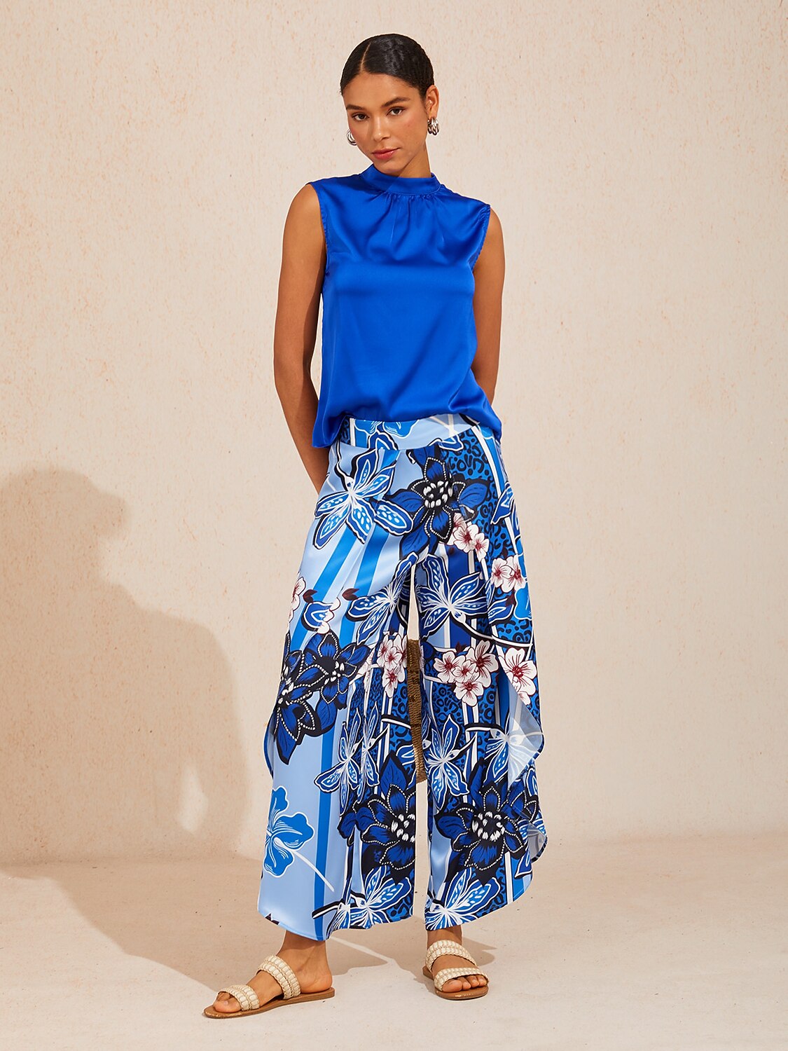 Hawaii Palm Satin Wrap Wide-Leg Pants in Green by Aurelia Sun