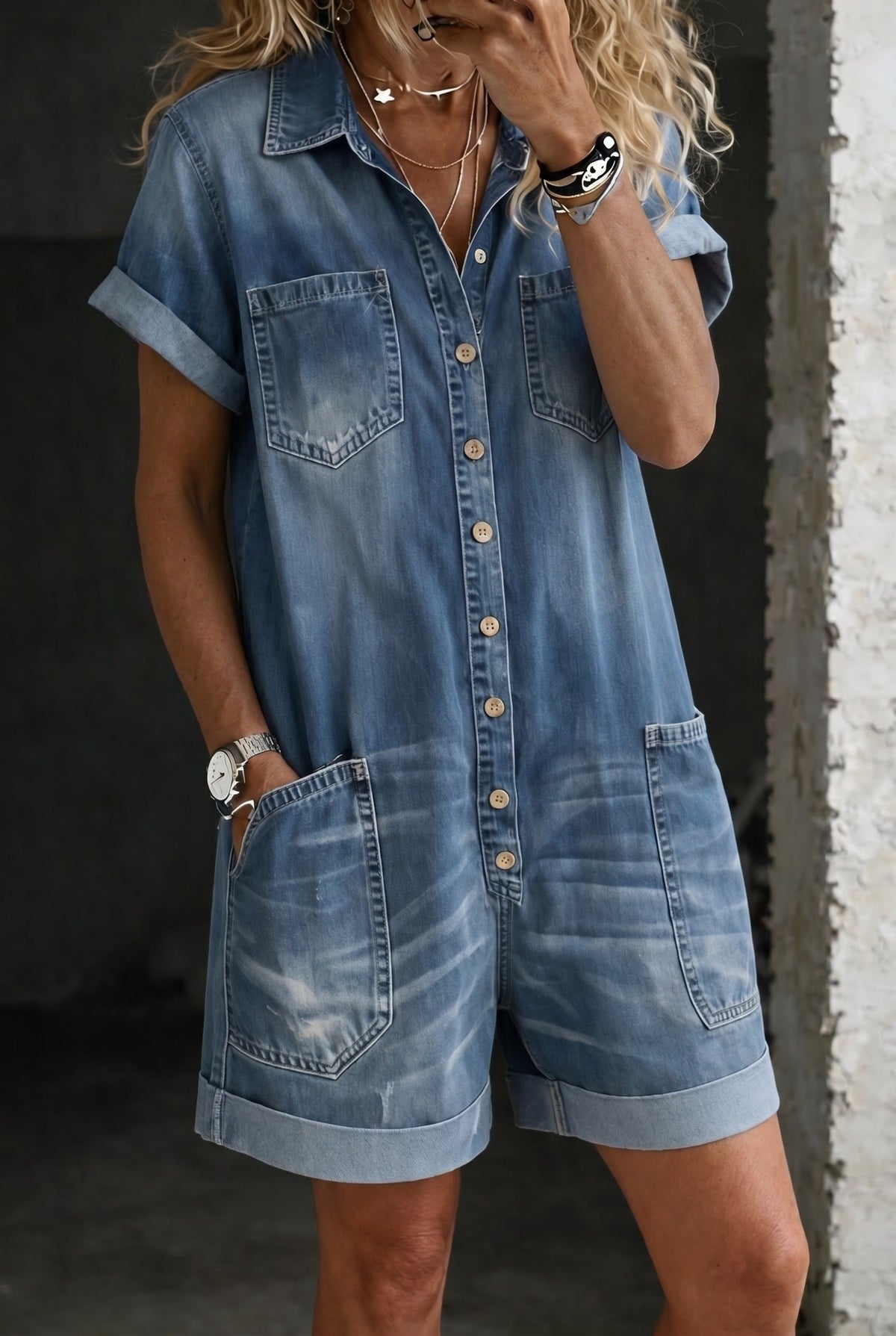 Nora Denim Romper – Blue