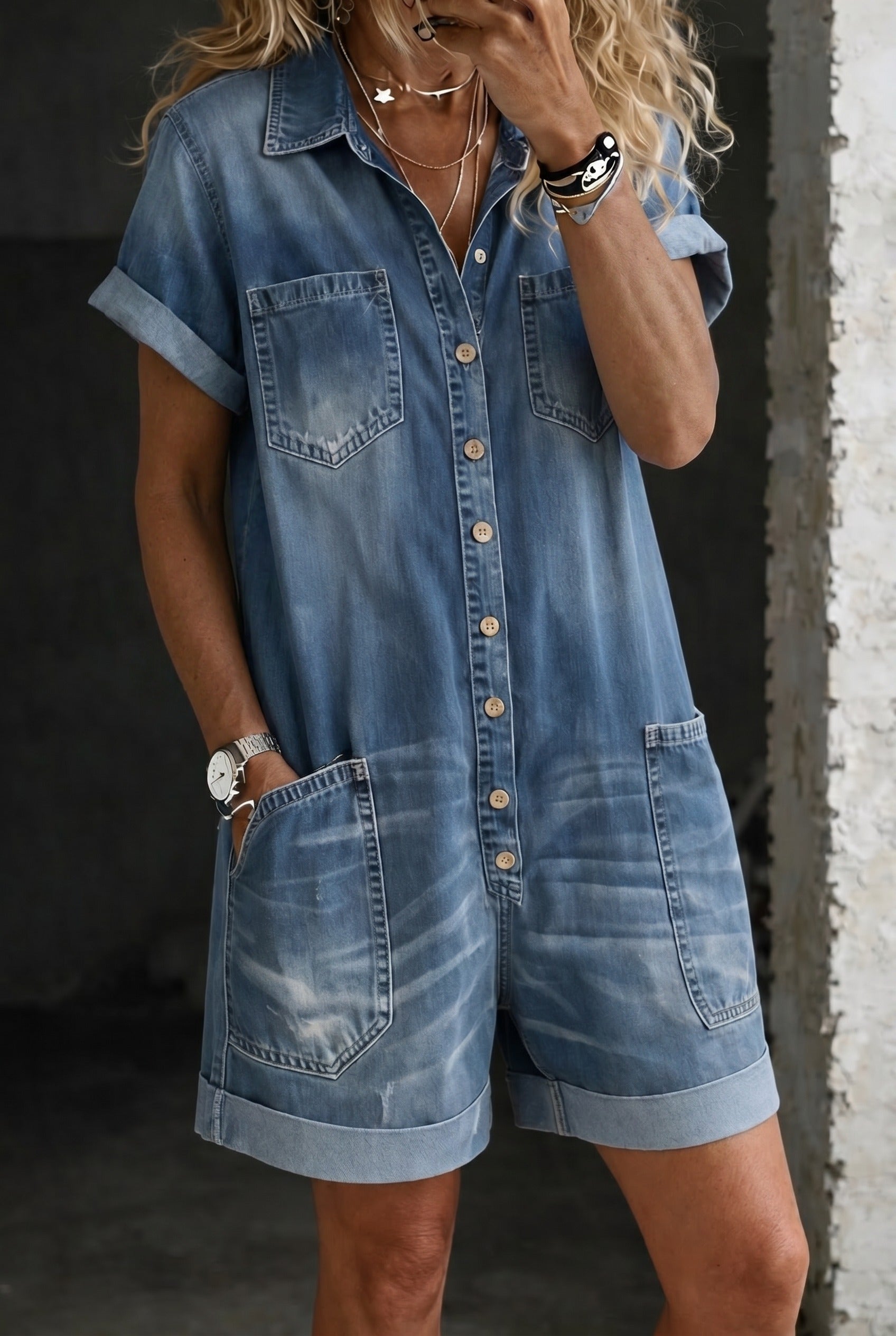 Nora Denim-Look Romper – Blue