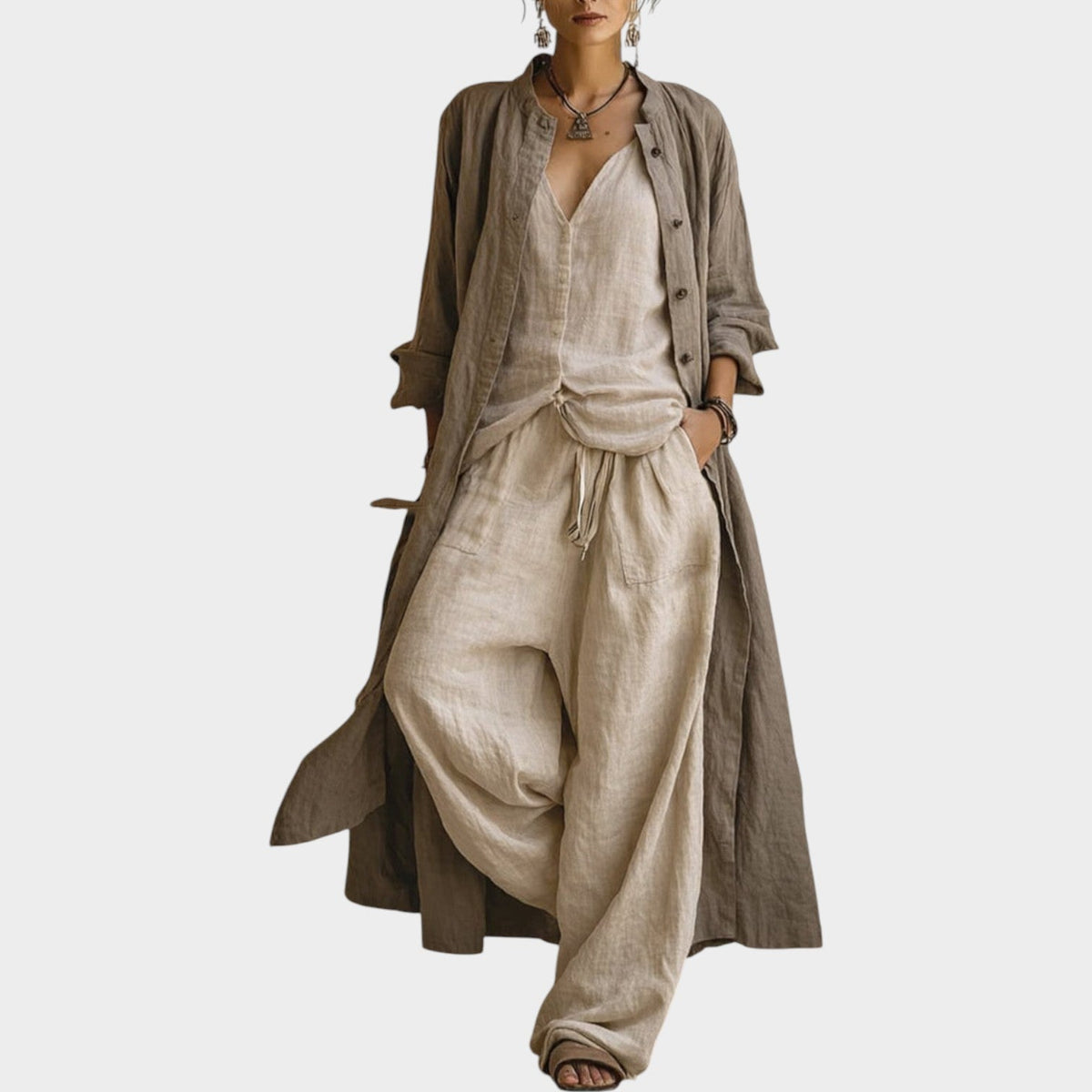 Solenne Cotton-Linen Three-Piece Set in Beige by Aurelia Sun