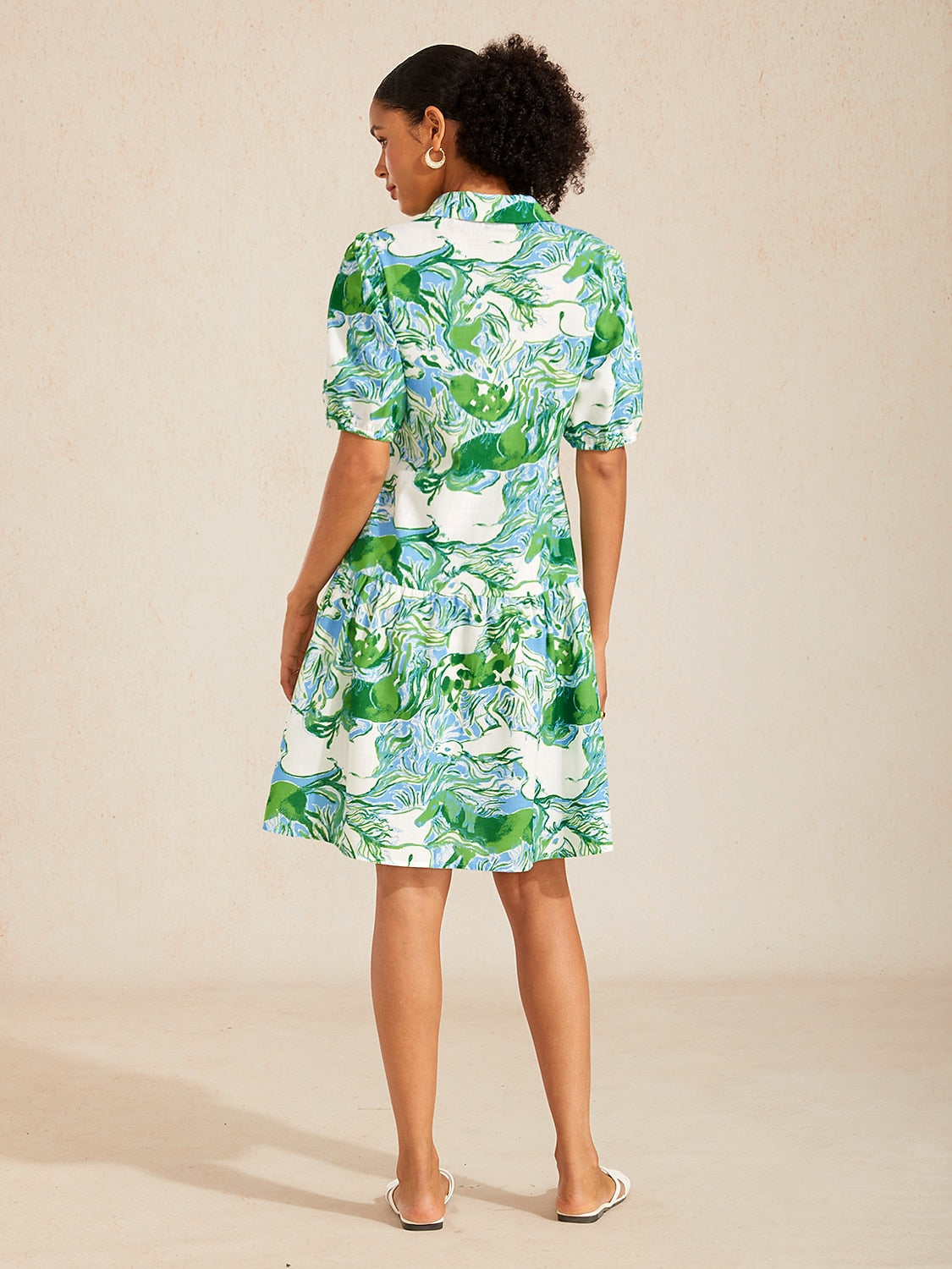 Mustang Print Linen-Look Midi Shirt Dress in Mint Green by Aurelia Sun