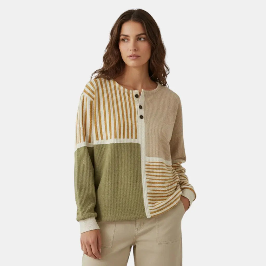 Patchwork Waffle-Knit Henley Jumper