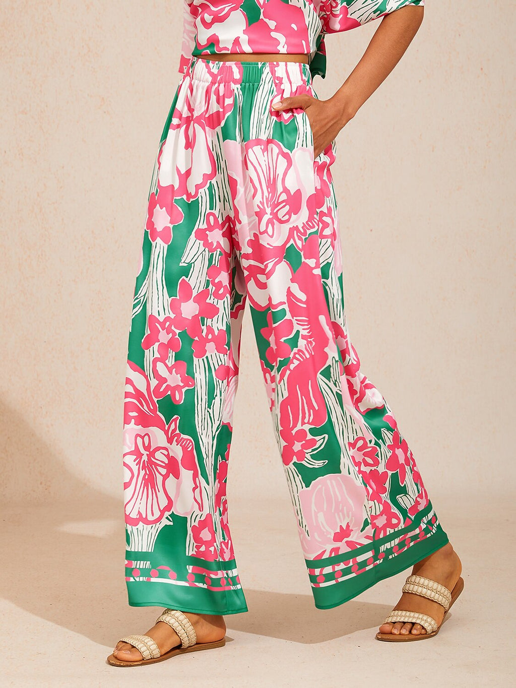Golden Petal Satin Wide-Leg Pants in Hot Pink by Aurelia Sun