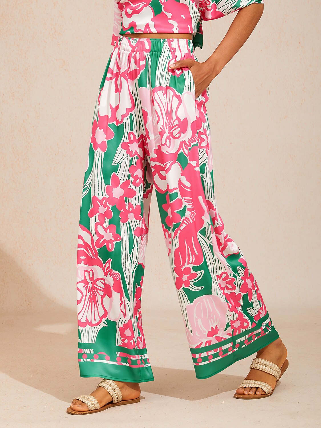 Hibiscus Satin Wide-Leg Pants in Midnight Blue by Aurelia Sun