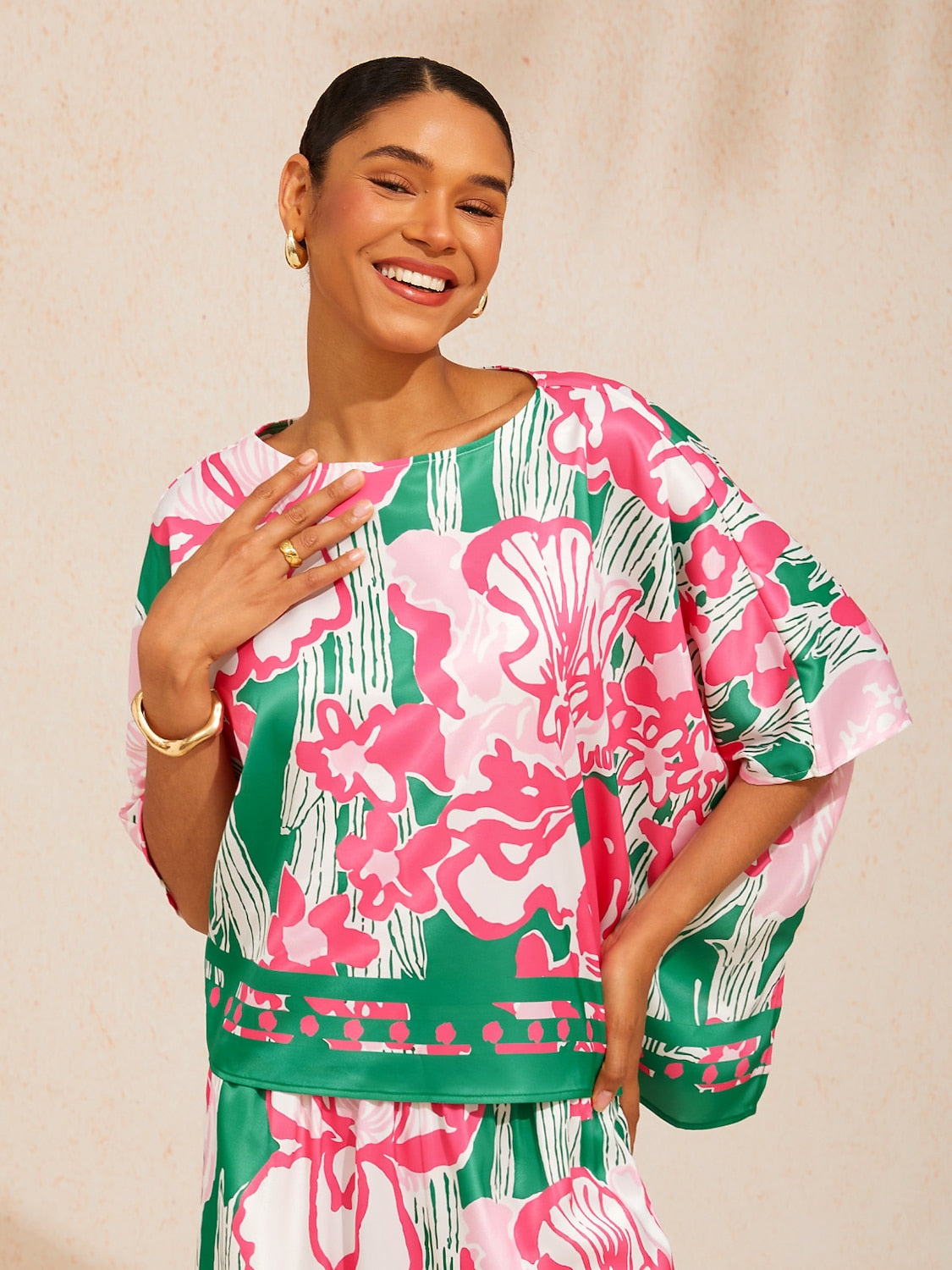 Golden Petal Satin Batwing Top in Light Green by Aurelia Sun