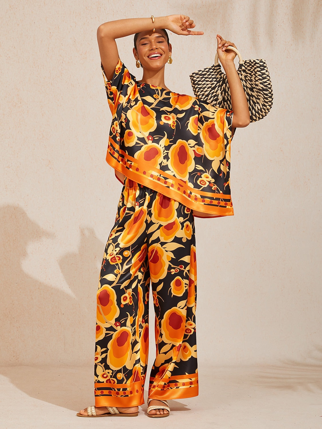 Golden Petal Satin Wide-Leg Pants by Aurelia Sun